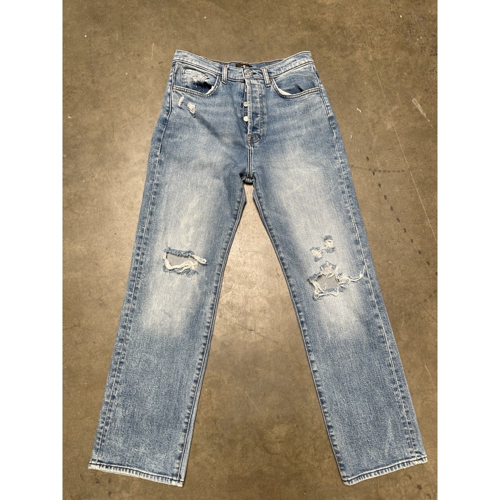 7 For All Mankind Easy Straight Jeans Women Size 27 High Rise Button Fly Rips